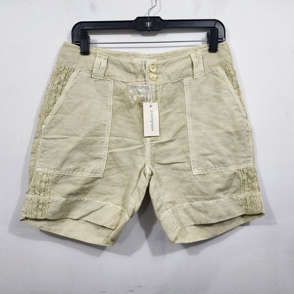 Sundance Linen Organia Crochet Lace Trim Shorts Yellow Mustard Seed NEW Size 12